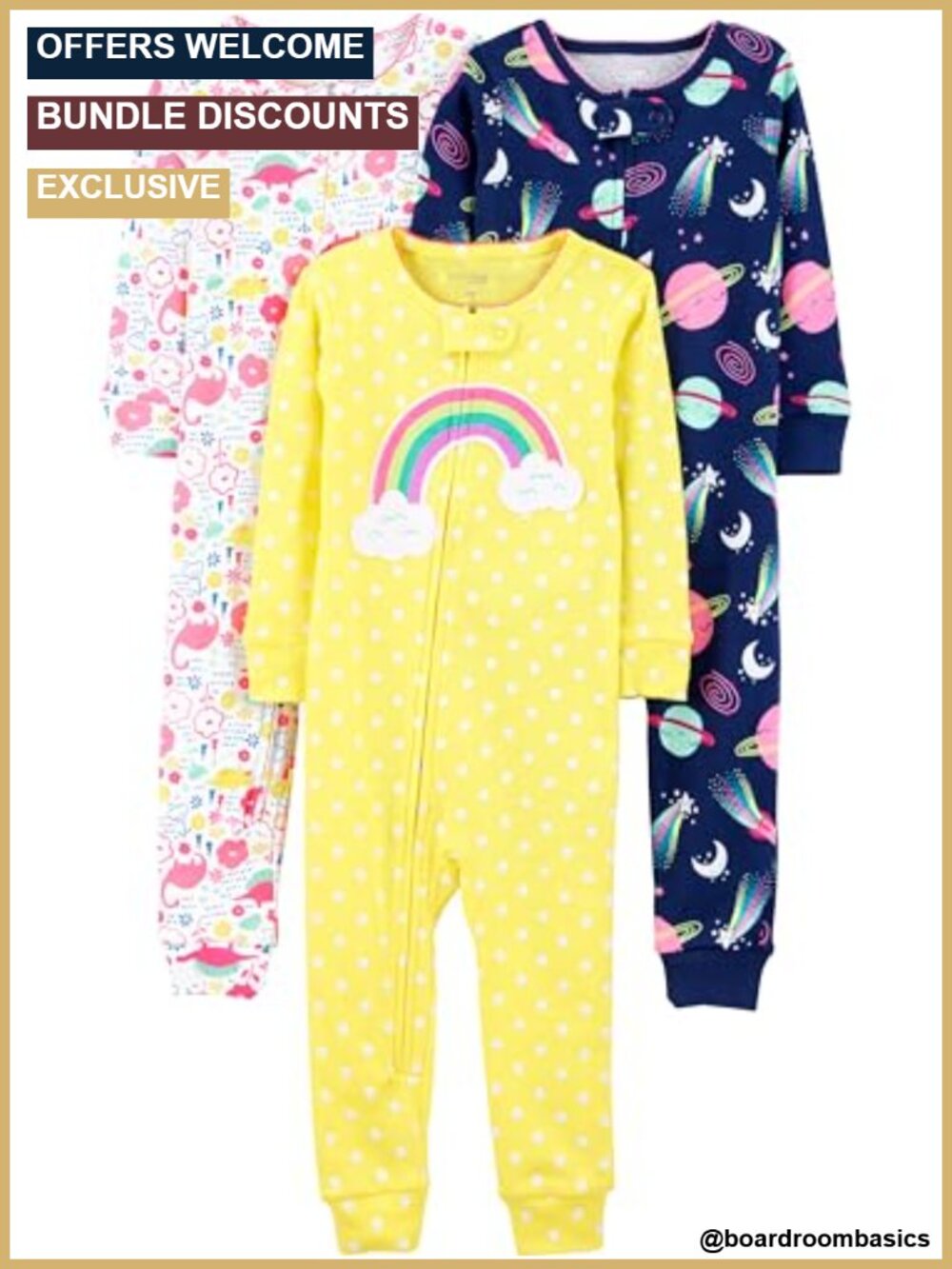 Toddler 3-Pack Footless Cotton Snug Fit Pajamas Full Zip Sleep Set